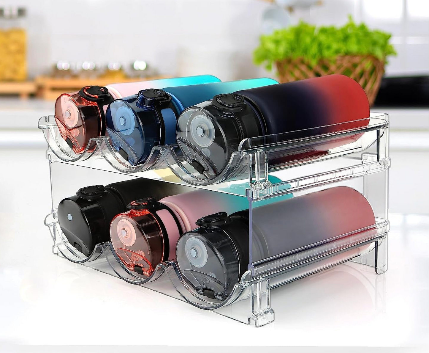 Water bottle organizer for counter or cabinet: 2 pack storage rack, stackable, sleek design fits any decor, customizable - add additional storage as needed and stack units together, 32oz max bottle capacity