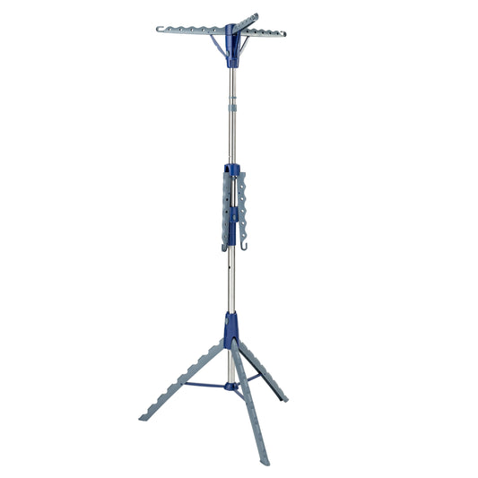 Space-saving 2-tier steel tripod clothes hang drying rack, blue/silver