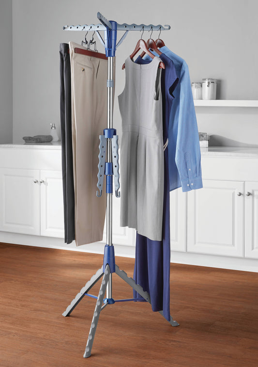 Space-saving 2-tier steel tripod clothes hang drying rack, blue/silver