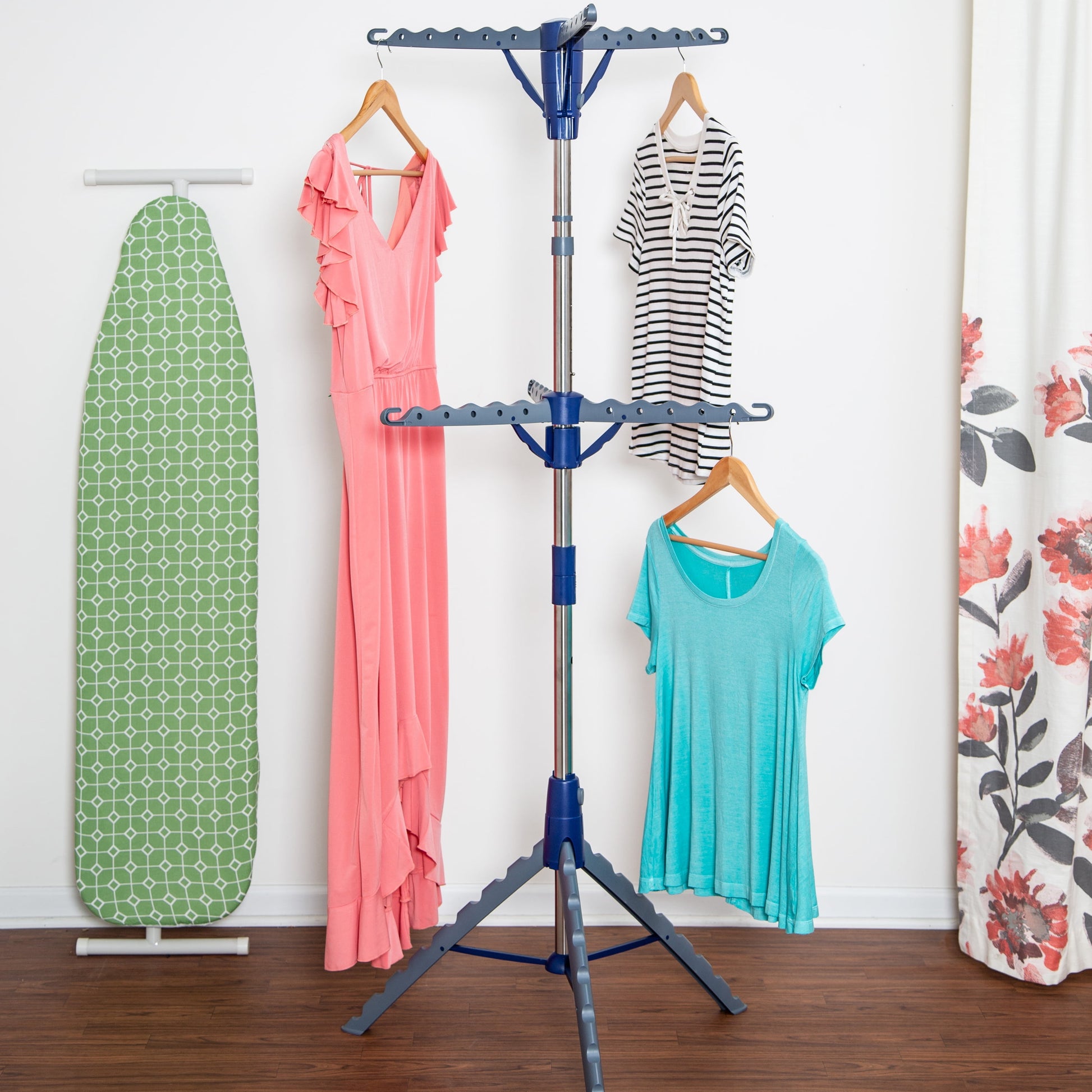 Space-saving 2-tier steel tripod clothes hang drying rack, blue/silver