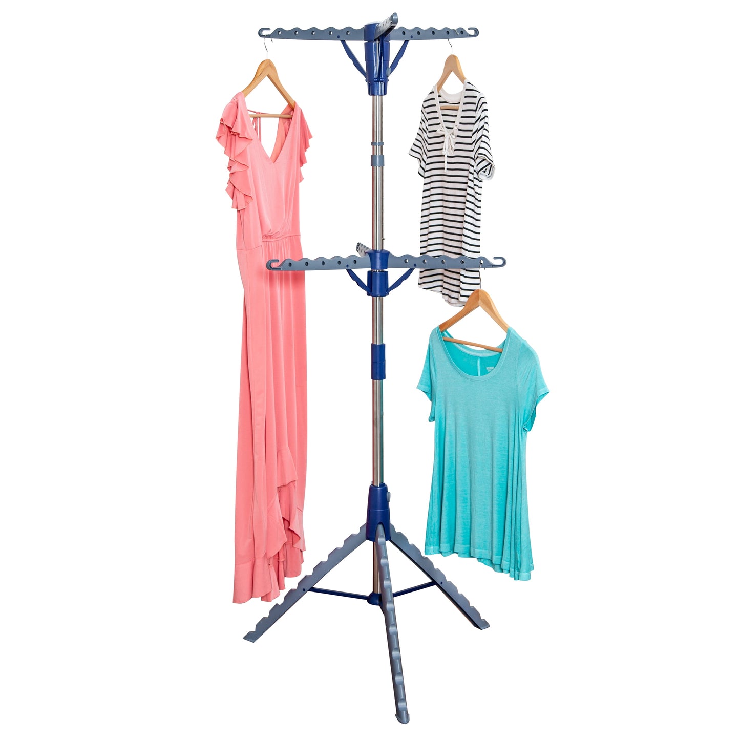 Space-saving 2-tier steel tripod clothes hang drying rack, blue/silver
